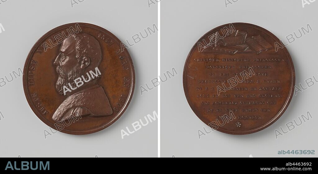 Justus Lipsius, professor at Leiden, Jena and Leuven, Bronze Medal. Obverse: bust of man within the inscription. Reverse: pile of books above inscription, University of Leiden, University of Leuven, Adolphe Jouvenel, Antwerp, 1848, bronze (metal), striking (metalworking), d 4.6 cm × w 43.34 gr.