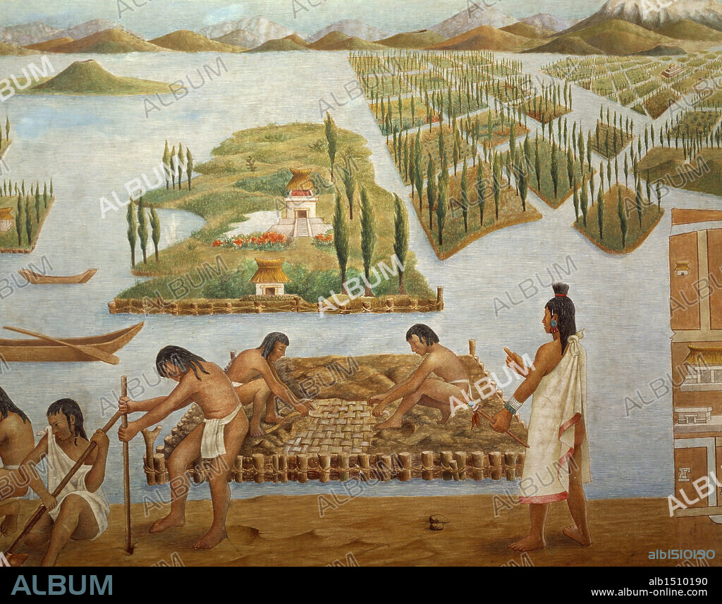 Manuscript, Mexico, 16th century. Construction of the city of Tenochtitlan, Aztecs strengthening the land using chinampas method. Copy.