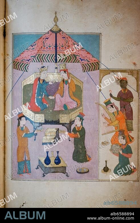 Miniature turque, 1468. Iskandar (Alexandre le Grand) et la reine des Amazones Kaidafa (Qaydafa) ou Nushaba, reine de Barda. Illustration in : Iskandar-Namêh (livre d'Alexandre) dans la version turque du poète ottoman Ahmadi d'ap. l'Iskandar-Namêh du poète persan Nisami. Gouache sur papier. Ms T. 6044, Istanbul, Universitätsbibliothek.