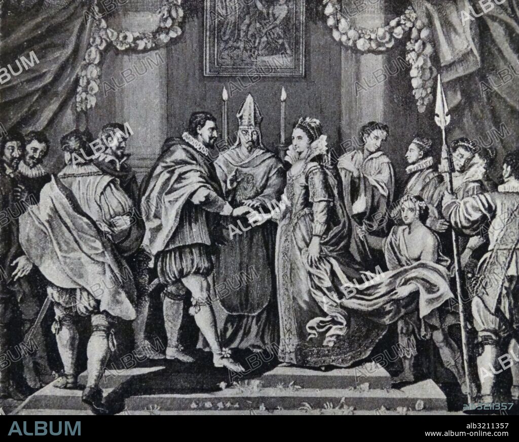 Engraving depicting the marriage of King Charles I (1600-1649) and Henrietta Maria of France (1609-1669) Queen consort of England, Scotland, and Ireland. Dated 17th Century.