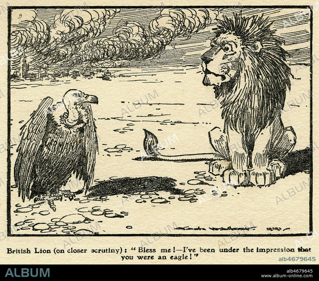 Le Lion britannique et le vautour allemand (J'ai eu l'impression que vous etiez un aigle). Illustration de Jack WALKER (20 s.) pour The Daily Graphic de 1914. Credit : Collection KHARBINE-TAPABOR.