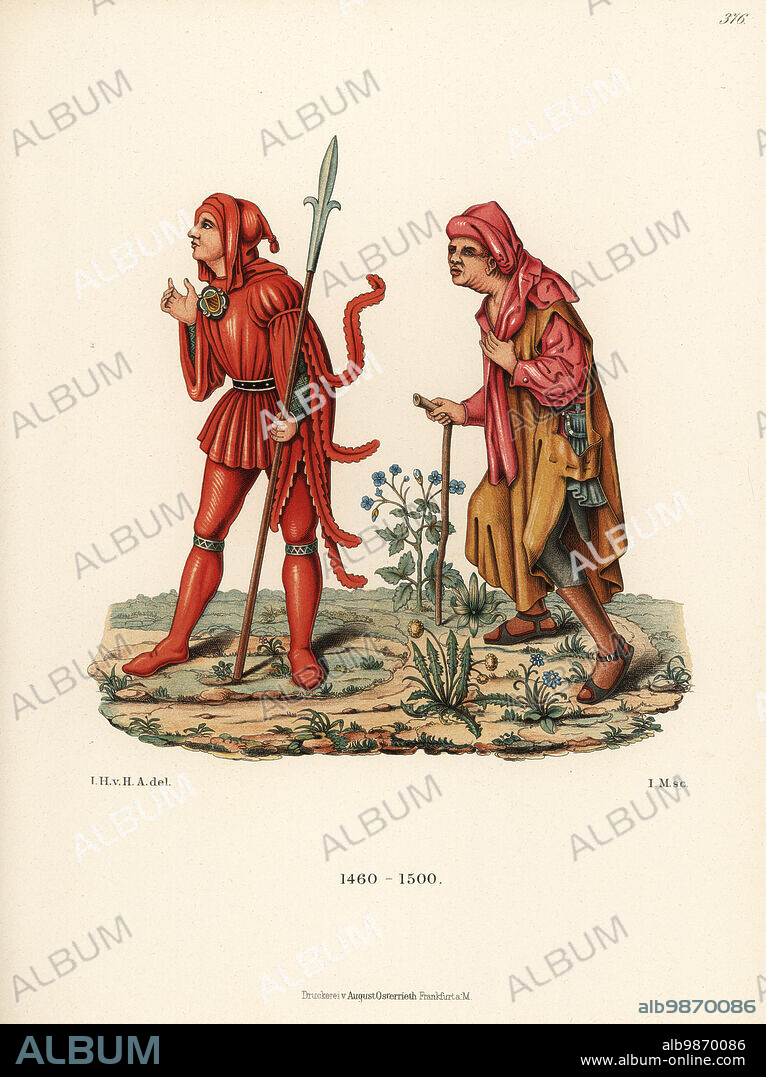 German male fashions of the late 15th century. Costume of a court messenger with brooch and lance, from painting of the life of St. Sigismund. And old man with stick and sandals from a painting of the Bavarian school in the Bavarian National Museum. Chromolithograph from Hefner-Alteneck's Costumes, Artworks and Appliances from the Middle Ages to the 17th Century, Frankfurt, 1889. Illustration by Dr. Jakob Heinrich von Hefner-Alteneck, lithographed by I.M. Dr. Hefner-Alteneck (1811 - 1903) was a German museum curator, archaeologist, art historian, illustrator and etcher.