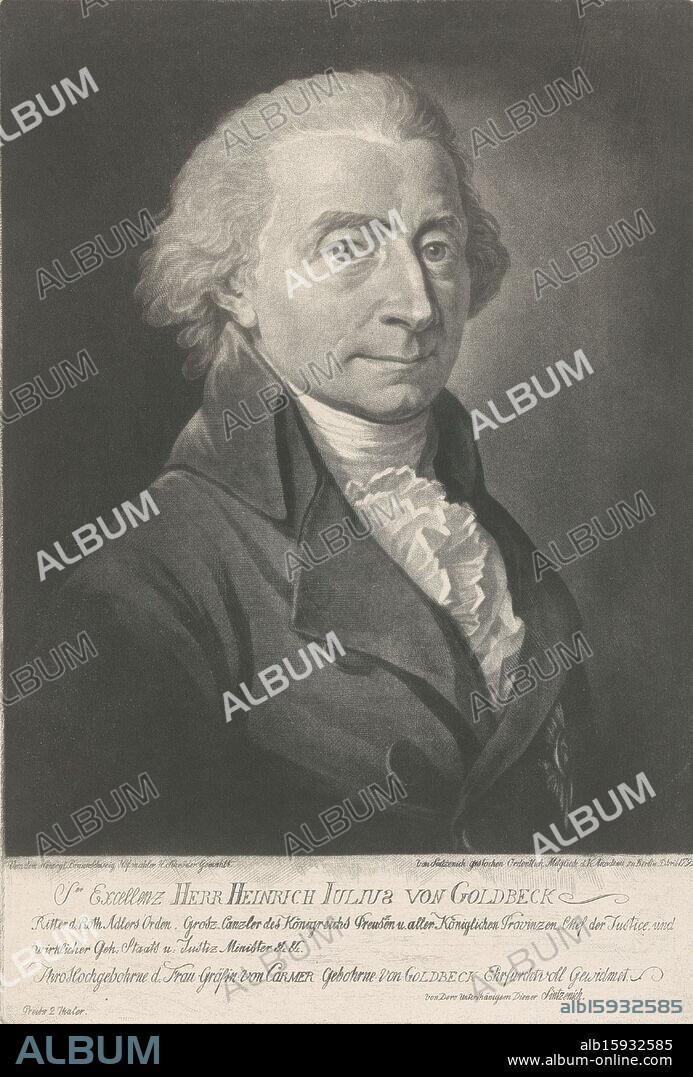 Portrait of Heinrich Julius von Goldbeck, with caption in German., print maker: Heinrich Sintzenich, after painting by: H. Schröder, Heinrich Sintzenich, Berlin, 1799, paper, height 272 mm × width 186 mm, print.