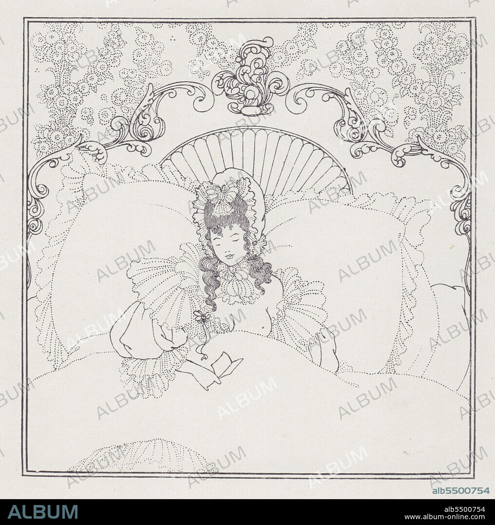 AUBREY BEARDSLEY. The Billet-Doux, 1895-1896. A young woman in a bonnet and negligee reads a love letter, propped against an enormous pillow. 'Twas then, Belinda, if report say true; Thy eyes first opened on a billet-doux'. Illustration for "The Rape of the Lock" by Alexander Pope, published privately by Leonard Smithers in 1896. Rape in this context refers not to sexual violence but to the theft and carrying away of a lock of hair, from the Latin rapere: to snatch, to grab, to carry off. From "The Best of Beardsley" edited by R. A. Walker, [The Bodley Head, London, 1948].