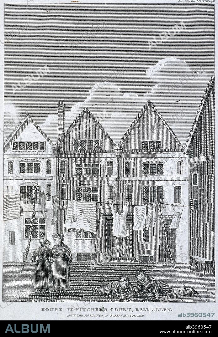 View of house in Pitcher's Court, Little Bell Alley near Coleman Street, London, 1823. Depicts two women, a washing line and two boys playing marbles.This was once the residence of the poet Robert Bloomfield.