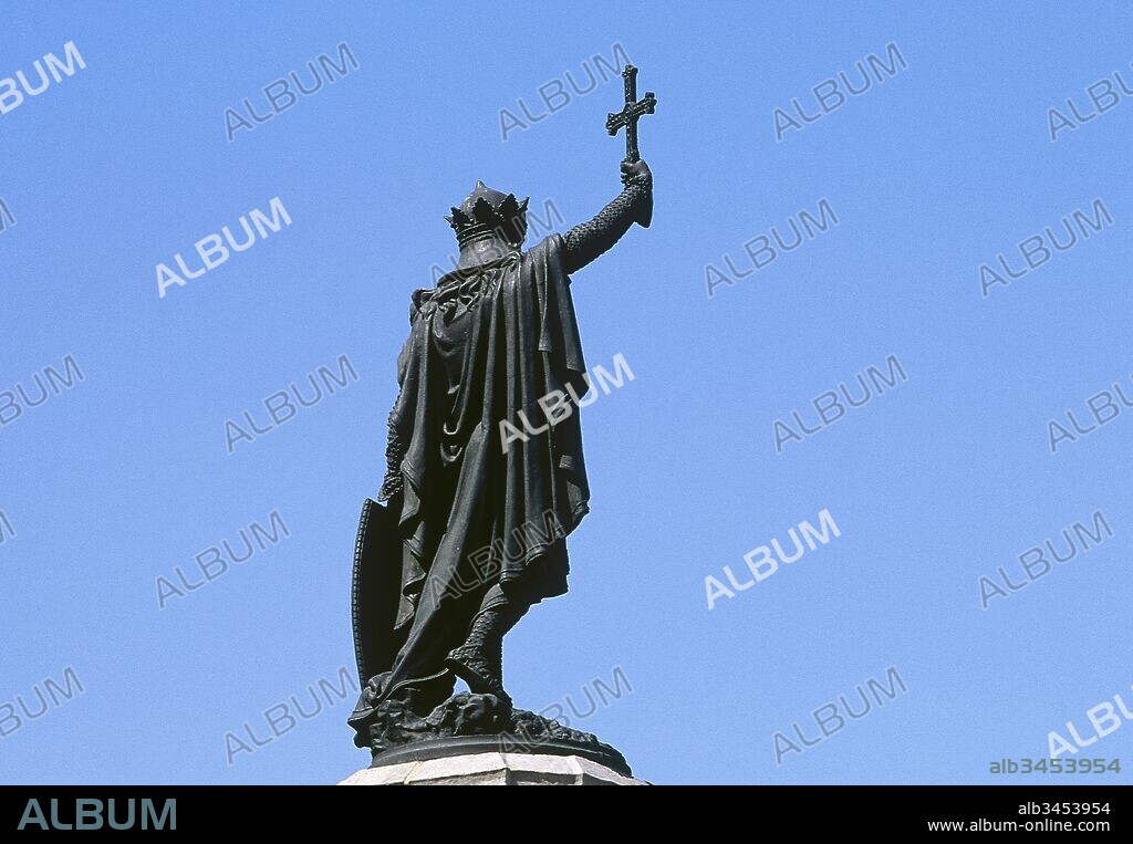 Pelagius of Asturias (c. 685- 737). Visigothic nobleman who founded the Kingdom of Asturias. First king of Asturias. Winner of the Batle of Covadonga against the Muslims. Monument in memory of Pelagius, 1891 by Jose Maria Lopez Rodriguez (1844-1913). Located at The Marquis Square in Gijon, Asturias, Spain.