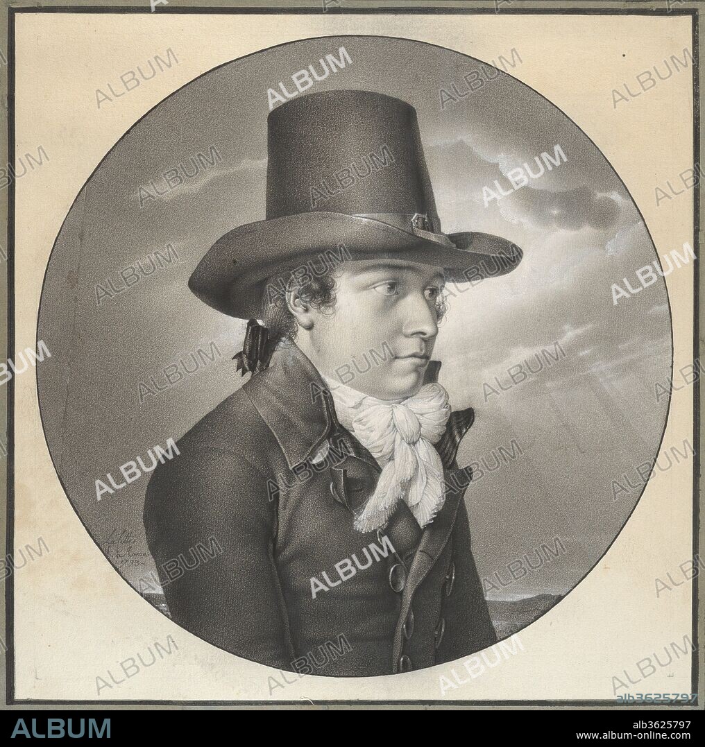 Portrait of a Man. Artist: Louis Lafitte (French, Paris 1770-1828 Paris). Dimensions: Diameter: 9 3/4 in. (24.8 cm). Date: 1793.
Lafitte won first place in the prix de Rome of 1791 and was awarded study as a pensionnaire at the Académie de France in Rome. It was in Rome that he created this psychologically penetrating portrait of a stylish and pensive young man against a dramatically lit sky. The proto-Romantic sensibility of the sheet is emphasized by the composition, which sets the subject, perhaps a fellow artist, against a distant landscape with a low horizon line.