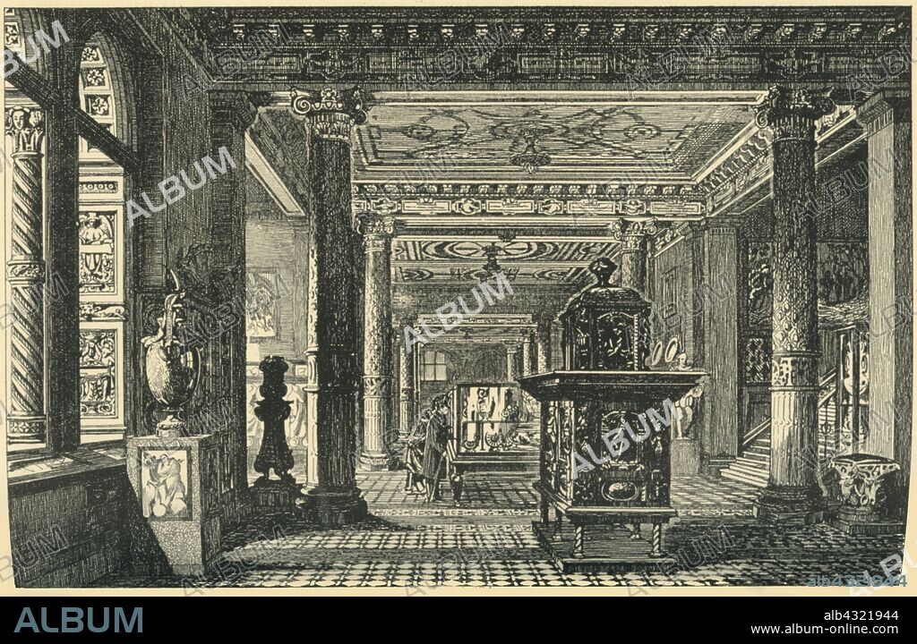 JOHN WATKINS. 'The Ceramic Gallery, South Kensington Museum', c1876, (1881). Interior view of the Ceramics Gallery, a tiled and painted room housing the Museum's collection of pottery and porcelain. The gallery, which opened in 1868, was designed in the fashionable revived Italian Renaissance manner. Its floor was covered in Minton tiles, with ten columns covered in shining majolica (painted tin-glazed earthenware). In the foreground is a ceramic solid fuel stove. The ceiling and friezes were painted over after the Second World War, but much of the gallery was restored during the 1990s. From "The South Kensington Museum", a book of engraved illustrations, with descriptions, of the works of art in the collection of the Victoria & Albert Museum in London (formerly known as the South Kensington Museum). [Sampson Low, Marston, Searle and Rivington, London, 1881].