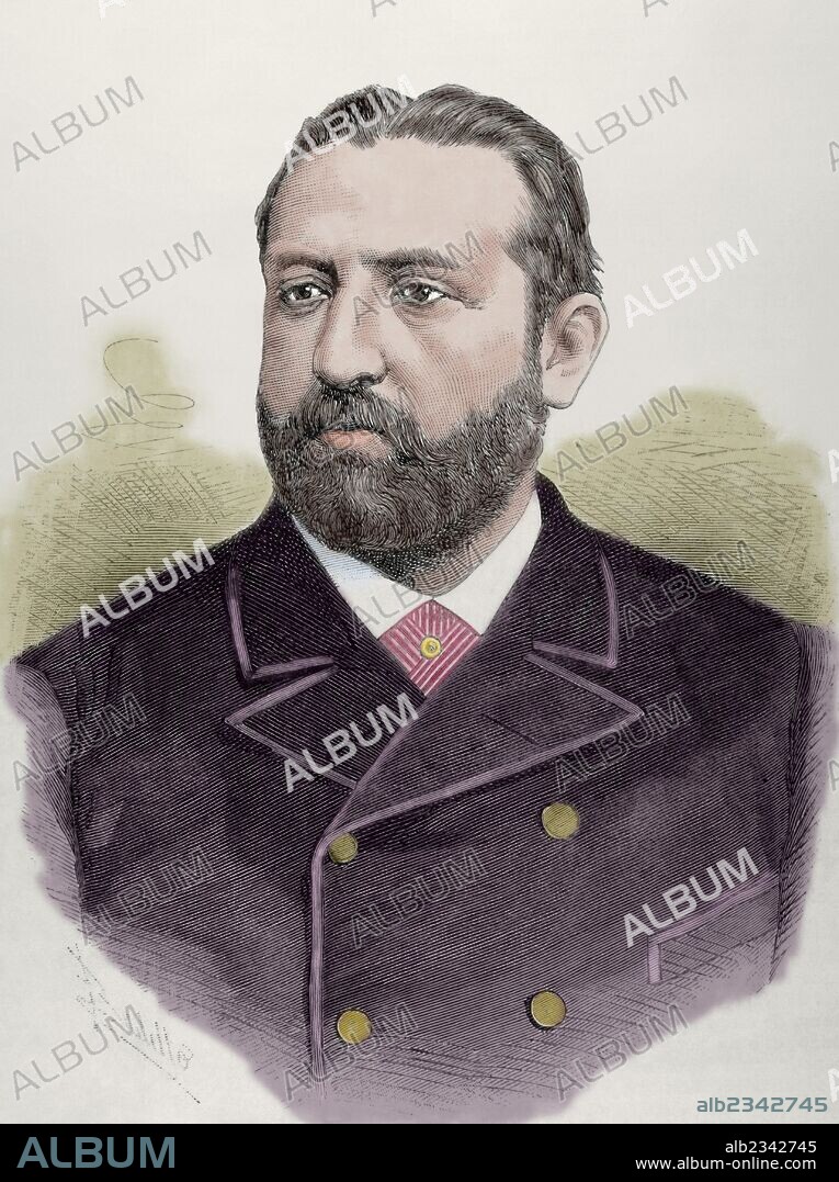 Joaquín López Puigcerver (1841-1906). Abogado y político español. Ministro de Hacienda, ministro de Fomento, ministro de Gracia y Justicia y ministro de Gobernación durante la regencia de María Cristina de Habsburgo-Lorena. Nuevamente ministro de Gracia y Justicia durante el reinado de Alfonso XIII. Grabado por Badillo. "La Ilustración Española y Norteamericana", 1886. Coloreado.