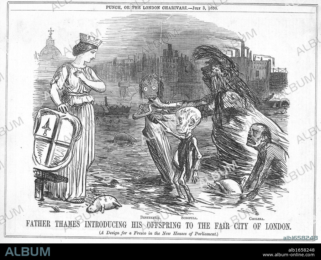 Father Thames Introducing his Offspring to the Fair City of London', the offspring being Diphtheria, Scrofula and Cholera. More an open sewer than a river, the disgusting state of the Thames in London. Cartoon from "Punch", London, 1858.