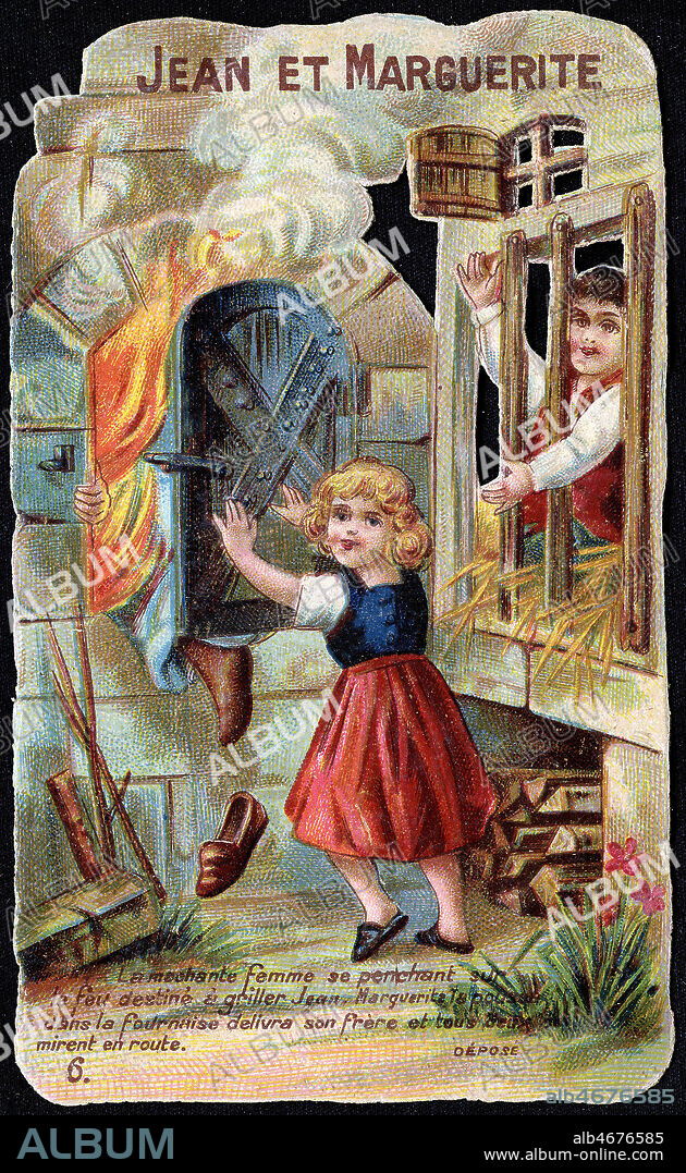 Hansel et Gretel , conte de Grimm. Gretel pousse la sorciere dans le four. Chromo publicitaire pour le chocolat Poulain. Credit Collection Kharbine Tapabor.