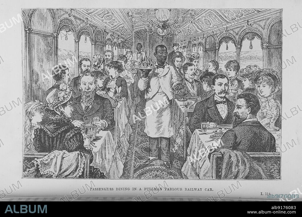 Passengers dining in a Pullman parlour railway car, 1882.