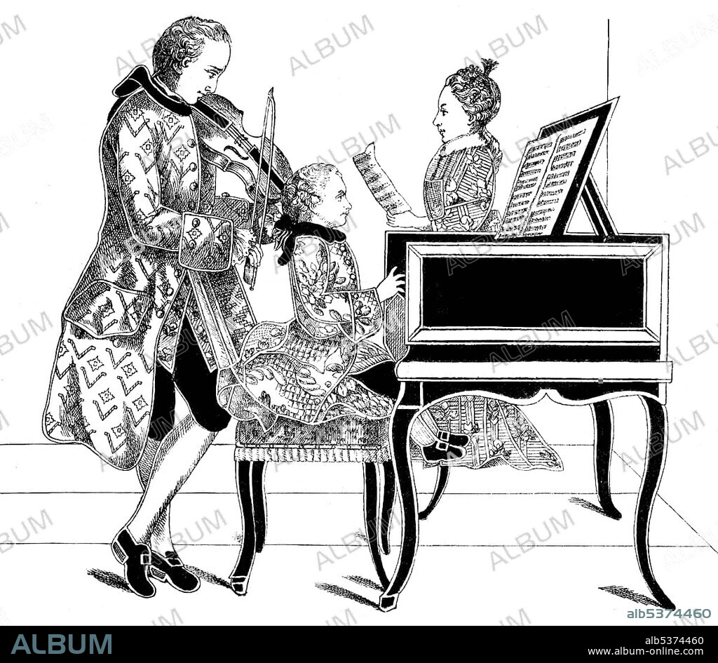 Historical drawing from the 19th Century, image of the Mozart family with father Leopold and sister Nannerl or Maria Anna and Wolfgang Amadeus Mozart, 1756-1791, composer of the Viennese Classical period