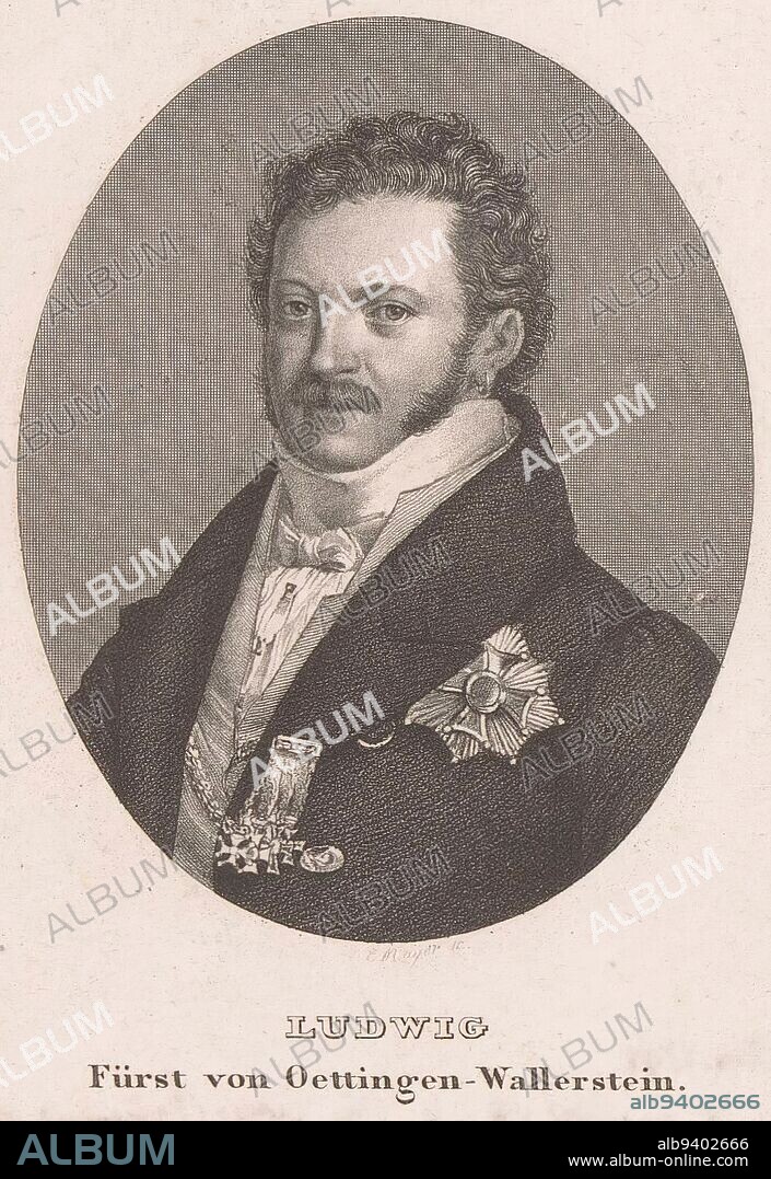 Portrait of Ludwig, Fürst von Oettingen-Wallerstein, Carl Mayer, 1808 - 1868, print maker: Carl Mayer, (mentioned on object), Neurenberg, 1808 - 1868, paper, steel engraving, h 106 mm - w 71 mm.