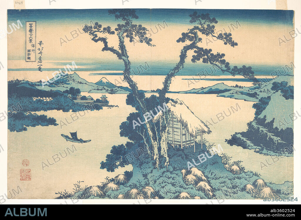 Lake Suwa in Shinano Province (Shinshu Suwako), from the series Thirty-six Views of Mount Fuji (Fugaku sanjurokkei). Artist: Katsushika Hokusai (Japanese, Tokyo (Edo) 1760-1849 Tokyo (Edo)). Culture: Japan. Dimensions: 9 3/4 x 14 7/8 in. (24.8 x 37.8 cm). Date: ca. 1830-32.