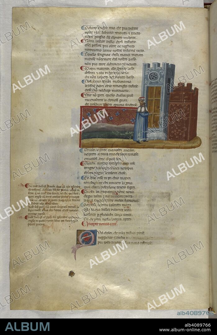 Inferno: Virgil, shut out of Dis, sets off with Dante to a side door of the town. Dante Alighieri, Divina Commedia ( The Divine Comedy ), with a commentary in Latin. 1st half of the 14th century. Source: Egerton 943, f.16v. Language: Italian, Latin.
