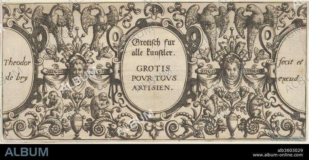 Title Page, from Grotisch fur alle Kunstler. Artist: Theodor de Bry (Netherlandish, Liège 1528-1598 Frankfurt). Dimensions: sheet: 2 5/8 x 5 3/4 in. (6.6 x 14.6 cm). Date: 1580-1600.
Title page for a series of four plates, with the title lettered in German and French in an oval cartouche at center, surrounded by ornamental design with mask of a child's face at right and mask of a bearded man at left. At far left and right edge, segmented ovals with the artist's signature.