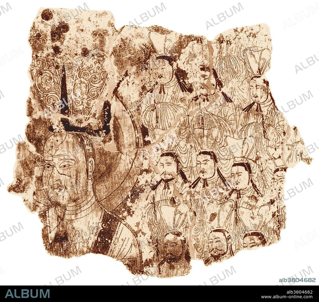 Color enhancement of a piece of parchment believed to represent Mani and his followers. Undated, unknown artist. Mani (216 - 274 AD) was an Iranian prophet and the founder of Manicheism, a gnostic religion of Late Antiquity which was once widespread but is now extinct. Until the 20th century, no reliable information on Mani's biography was known. In 1969 in Upper Egypt a Greek parchment codex dating to circa 400 AD was discovered. It is now designated Codex Manichaicus Coloniensis. It combines a hagiographic account of Mani's career and spiritual development with information about Mani's religious teachings, and contains fragments of his writings. Mani's teaching is designed as succeeding and surpassing the teachings of Christianity, Zoroastrianism and Buddhism. It is based on a rigid dualism of good and evil, locked in eternal struggle. He decided that salvation is possible through education, self-denial, fasting and chastity, and claimed to be the Paraclete promised in the New Testament, the Last Prophet. Color.