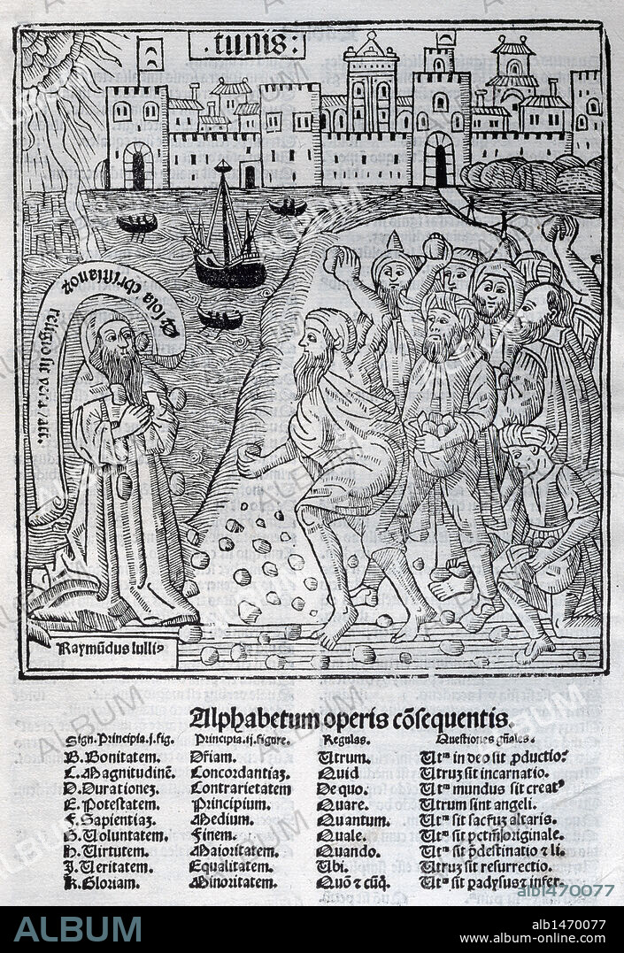 LITERATURA CATALANA. SIGLOS XIII-XIV. LLULL, Ramon (Palma de Mallorca, 1233 ó 1235Bujía, 1315 ó 1316). Filósofo, místico y literato mallorquín. Grabado de la "LAPIDACION DE RAMON LLULL". "Raymudus lullis. Alphabetum operis cosequentis" Edición impresa en Valencia por D. de Gumiel en el año 1515.