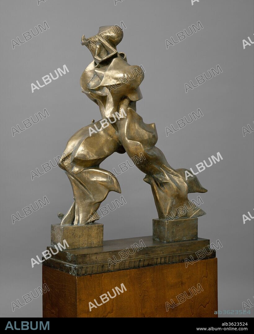 Unique Forms of Continuity in Space. Artist: Umberto Boccioni (Italian, Reggio 1882-1916 Sorte). Dimensions: 47 3/4 x 35 x 15 3/4 in. (121.3 x 88.9 x 40 cm). Date: 1913, cast 1950.
The Futurists' celebration of the fast pace and mechanical power of the modern world is emphasized here in the sculpture's dynamism and energy. The figure's marching silhouette appears deformed by wind and speed, while its sleek metal contours allude to machinery. World War I broke out the year after Boccioni created this work. Believing that modern technological warfare would shatter Italy's obsession with the classical past, the Futurists welcomed the conflict. Tragically, Boccioni was killed in action in 1916, at the age of thirty-four.