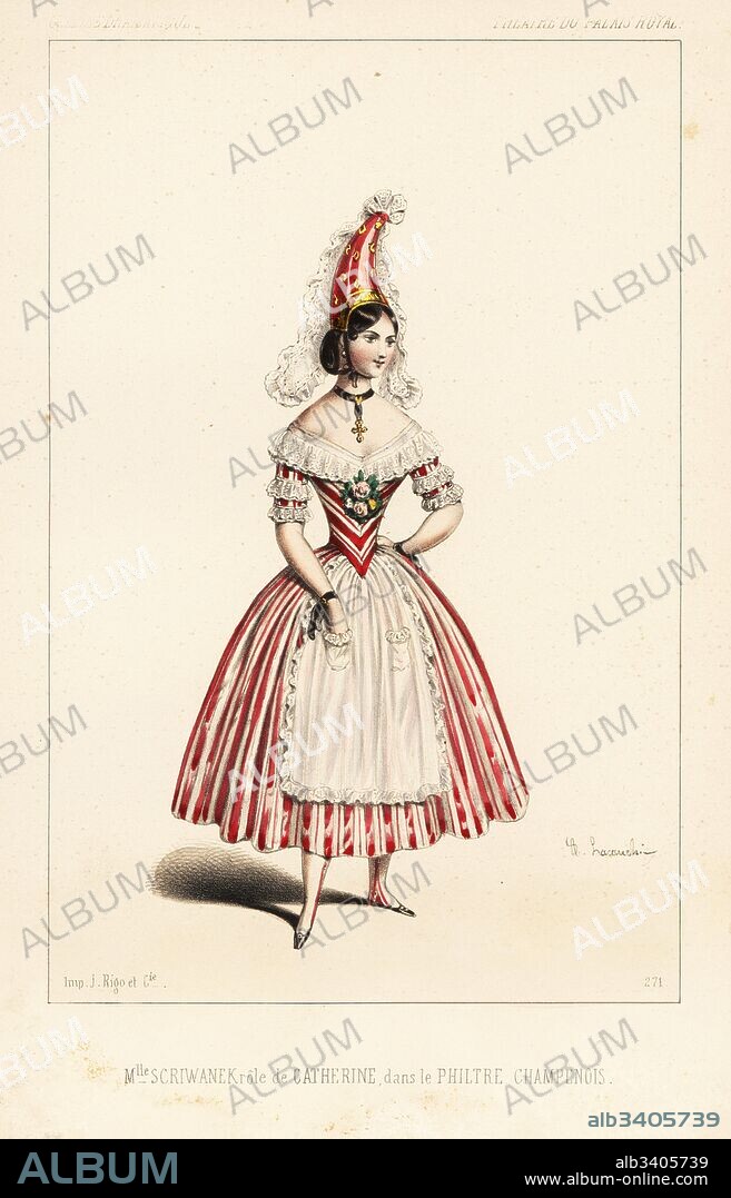 French actress Augustine-Celestine Schriwaneck as Catherine in Le Philtre Champenois by Melesville and Brazier, Theatre du Palais Royal, 1846. French actress Augustine-Celestine Schriwaneck as Catherine in Le Philtre Champenois by Melesville and Brazier, Theatre du Palais Royal, 1846.
