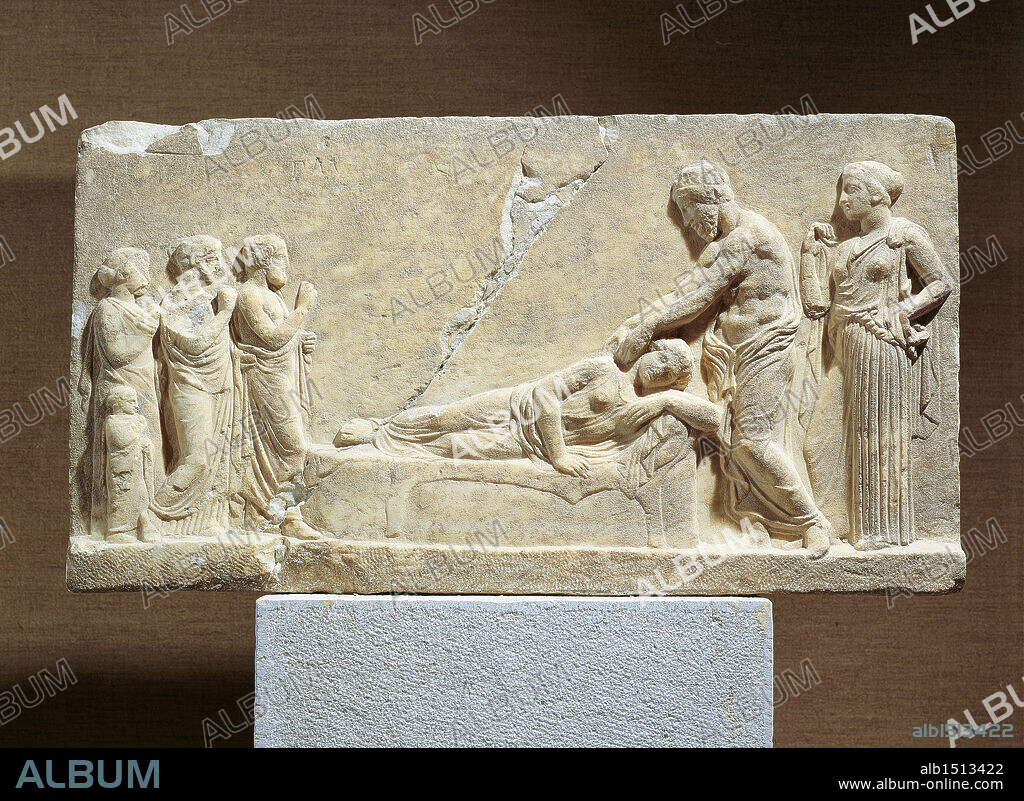 Greece - 5th century b.C. - Marble relief. Asclepius or Hippocrates treating ill woman.