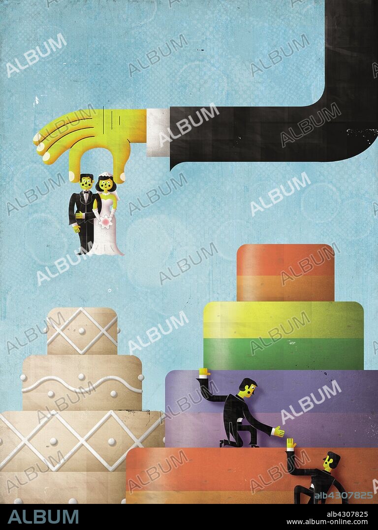 Helping hand putting bride and groom on wedding cake contrasting with gay couple struggling to climb cake.