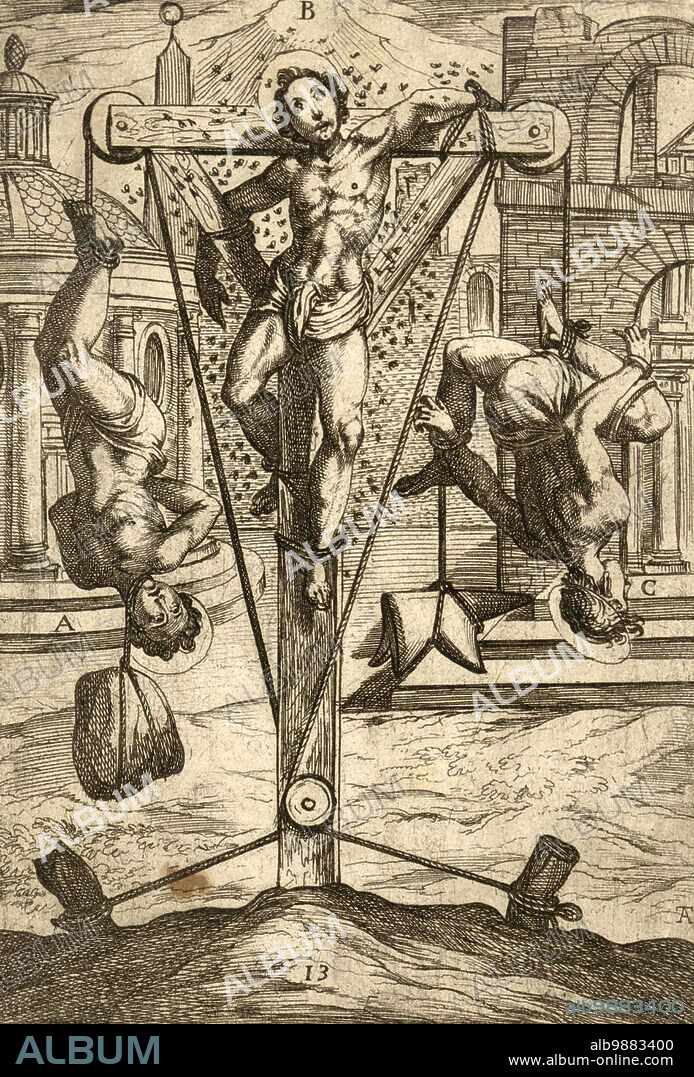 Torture by hanging and exposure to insects, Crucifixion, Historical, digitally restored reproduction from a 19th century original.