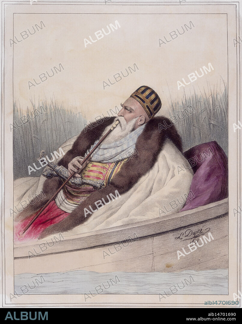 LOUIS DUPRE. Ali Tebelen, Pacha de Janina, 1819. Ali Pasha (1741-1822) reclining in a boat smoking a pipe, and wearing a coat trimmed with fur. In 1787 he became the Turkish pasha (military governor) of Yannina, which is now Ioánnina in Greece, but was a province of the Ottoman Empire. He was called the lion of Yannina because of his harsh rule. From "Voyage à Athènes et à constantinople; ou collection de portraits, vues et costumes Grecs et Ottomans".