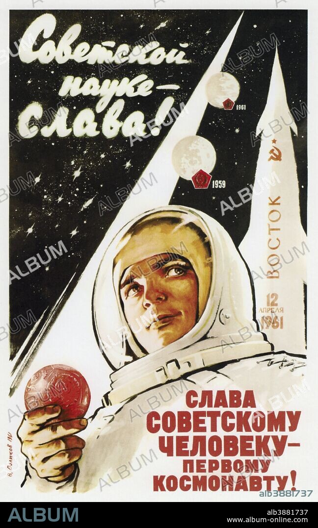 Vintage Soviet space poster of a cosmonaut, stars, and a rocket. It translates, Long live Soviet science! Long live the Soviet man - the first cosmonaut!.