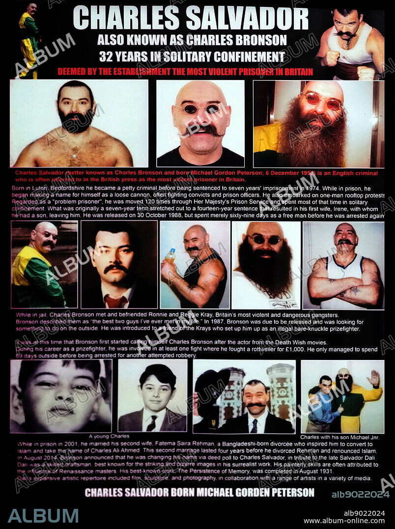 A montage of photographs of Charles Bronson. Charles Arthur "Charlie" Salvador (1952-) an English criminal.