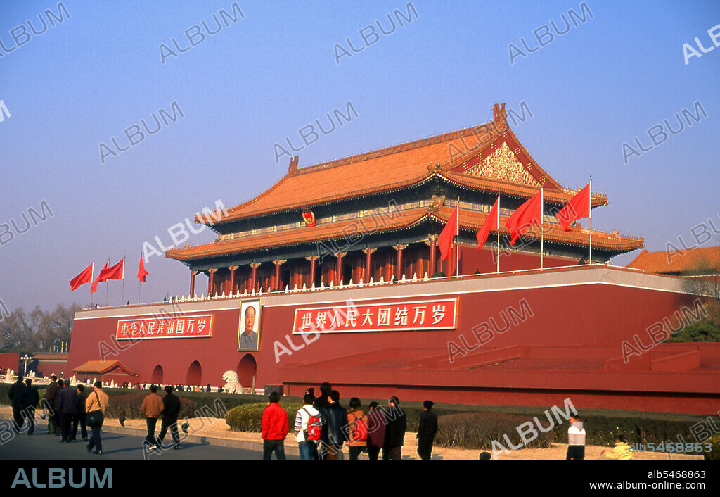 The Tiananmen, Tian'anmen or Gate of Heavenly Peace was first built during the Ming Dynasty in 1420. The gate was originally named Chengtianmen, or 'Gate of Accepting Heavenly Mandate', and it has been destroyed and rebuilt several times. it was from the rostrum of the Gate of Heavenly Peace that Chairman Mao announced the establishment of the People's Republic of China in 1949.