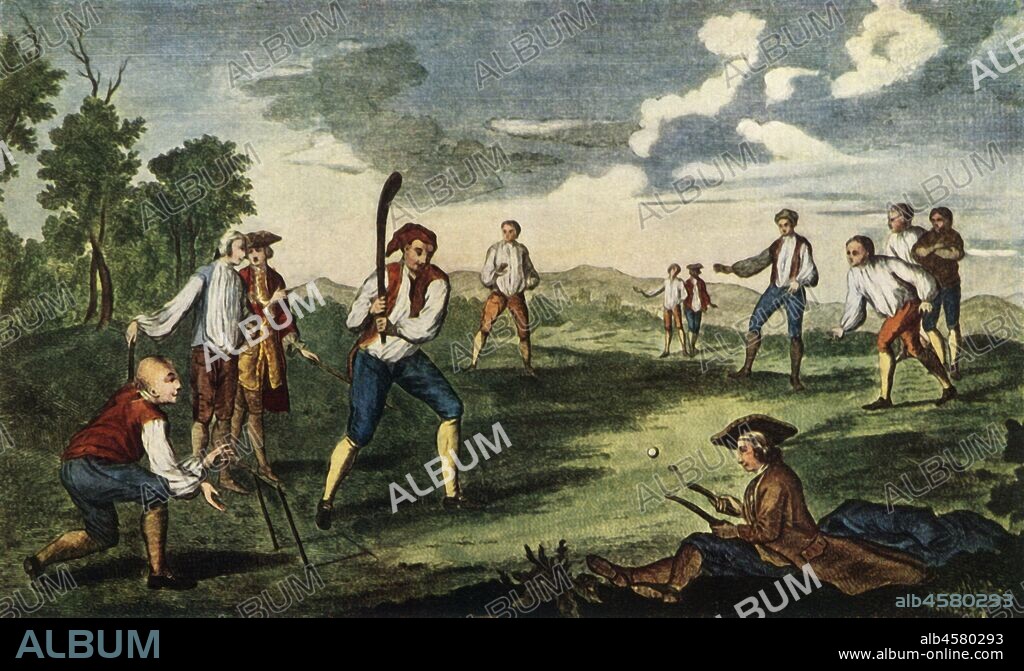 'Cricket as Played in the Artillery Ground, London, 1785', (1947). A game of cricket being played at Finsbury (now in north London). In the mid-eighteenth century, the Artillery Ground was the home of the London Cricket Club. After a painting of 1743 in the Marylebone Cricket Club Collection. From "British Clubs", by Bernard Darwin. [Collins, London, 1947].