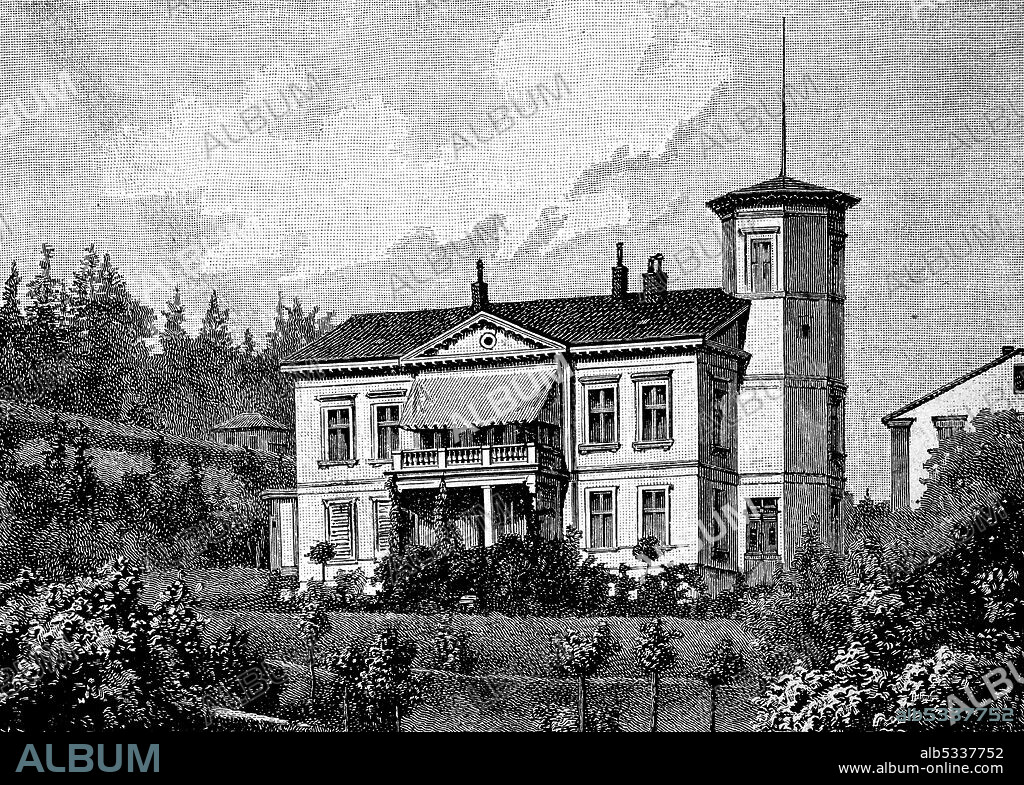 House of Eugenie Marlitt in Arnstadt, Friederieke Henriette Christiane Eugenie John, December 5, 1825 - June 22, 1887, one of the most widely read German writers in the 19th century  /  Haus von Eugenie Marlitt in Arnstadt, Friederieke Henriette Christiane Eugenie John, 5. Dezember 1825 - 22. Juni 1887, eine der meistgelesenen deutsche Schriftstellerin im 19. Jahrhundert, Historisch, historical, digital improved reproduction of an original from the 19th century / digitale Reproduktion einer Originalvorlage aus dem 19. Jahrhundert.