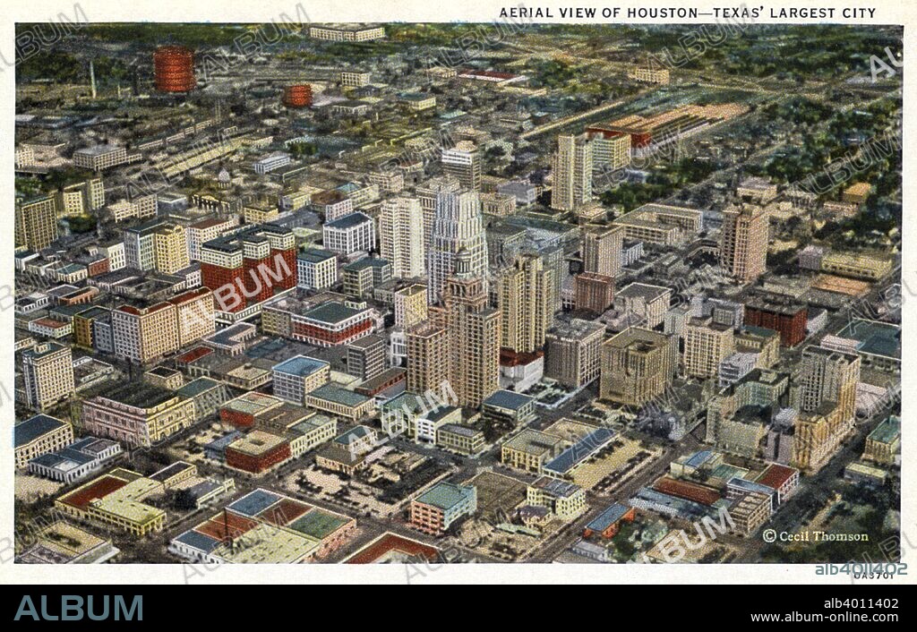 Aerial view of Houston, Texas, USA, 1930. Vintage postcard showing a bird's eye view of downtown Houston.