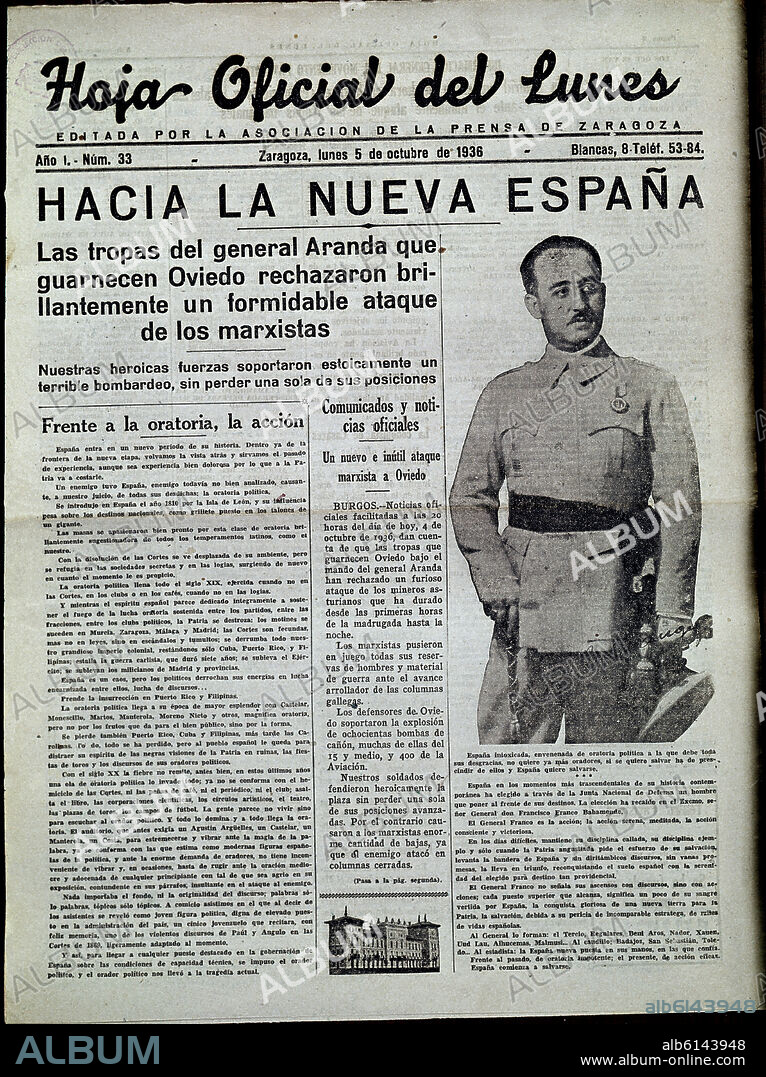 PERIODICO LA HOJA OFICIAL DEL LUNES 1936:"HACIA LA NUEVA ESPAÑA"ARANDA EN OVIEDO.