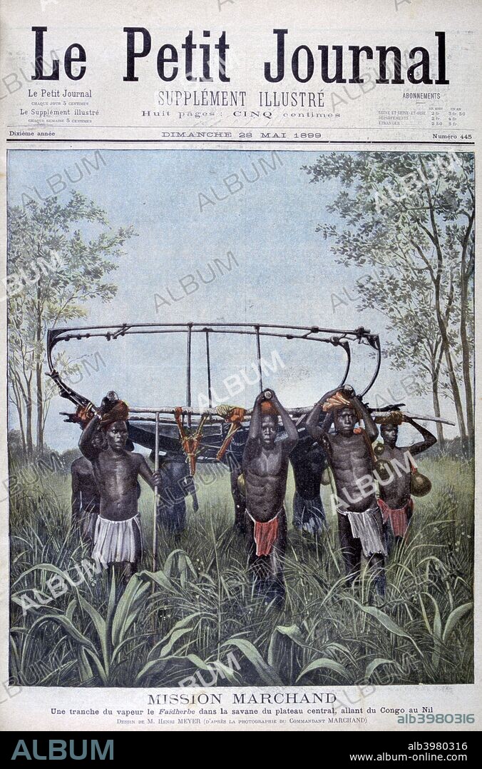 The Marchand Mission travelling from the Congo to the Nile, 1899. An expedition by  French emissary Jean-Baptiste Marchand (1863-1934) and 150 men with designs to counter British expansionism in northeastern Africa. An illustration from Le Petit Journal, 28th May 1899.