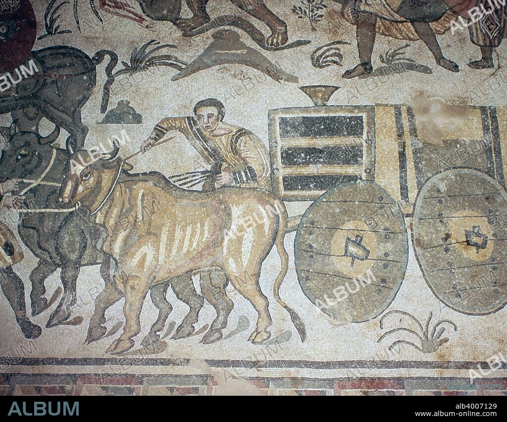 Roman mosaic of a bullock cart, from the Emperor's Villa at Casale, 3rd century.