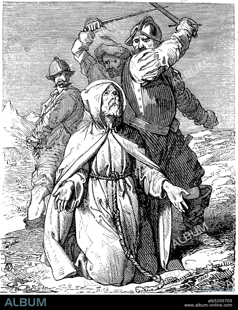 San Fidel de Sigmaringa (1577-1622), presbítero capuchino, mártir por su negativa a convertirse al protestantismo. Grabado de 1852.