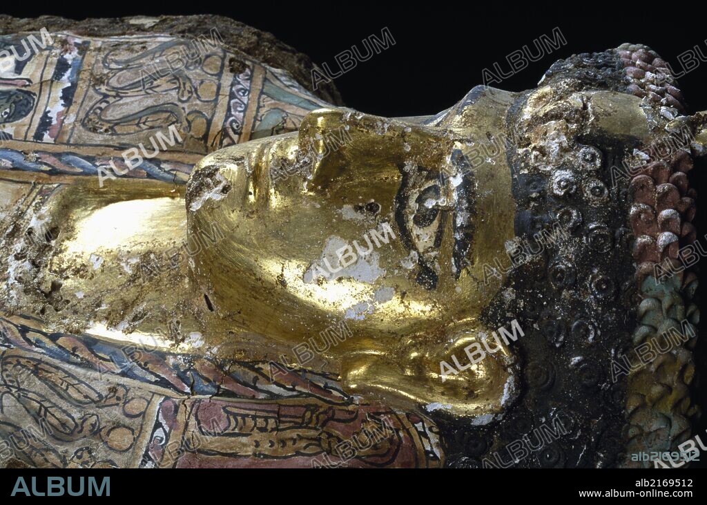 Mummy uncovered in Tomb No 54, Valley of the Golden Mummies, Bahariya Oasis, Giza, Egypt. Egyptian Civilisation, 1st-3rd century AD. Detail.