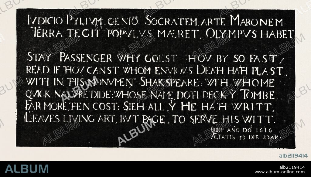 INSCRIPTION ON THE MEMORIAL TABLET TO SHAKESPEARE, HOLY TRINITY CHURCH, STRATFORD-ON-AVON, 1888 engraving.