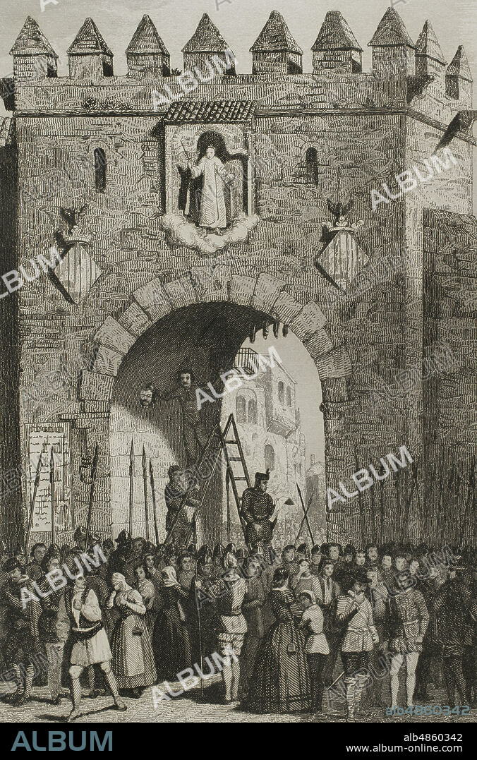 La rebelión de las Germanías en el reino de Valencia, a comienzos del reinado de Calos I, entre 1519 y 1523. Muerte de Vicente Peris. La noche del 18 de febrero de 1522 Vicente Peris entra en Valencia, instalándose en su casa. Congregó a sus partidarios, provocanco combates durante la noche en la ciudad de Valencia, hasta que un grupo de soldados incendió su casa. Vicente Peris se rindió al capitán Diego Ladrón de Guevara. El 3 de marzo de 1522 entraron las tropas reales en Valencia, ejecutando a Vicente Peris y a sus colaboradores, sofocando la rebelión en Valencia y perdiendo el dominio de la ciudad los agermanados. La cabeza de Vicente Peris presentada al pueblo. Ilustración por Urrabieta. Grabado por A. Roca. Historia de Cataluña y de la Corona de Aragón, por Victor Balgue. Barcelona,1863.