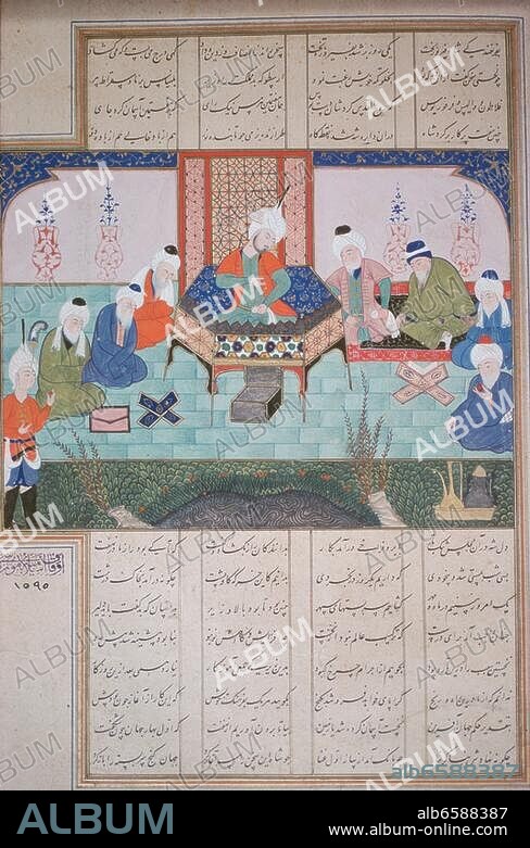 Persische Miniatur, 16. Jahrhundert. /-Iskandar (Alexander) und die sieben Weisen Sokrates, Platon, Aristoteles, Thales, Apollonius von Tyana, Hermes Trismegistos und Porphyrius.-/ Illustration zum Khamsa (Fünf Gedichte) des persischen Dichters Nisami (um 1140-1202). Gouache auf Papier. Ms. T. 1990,.