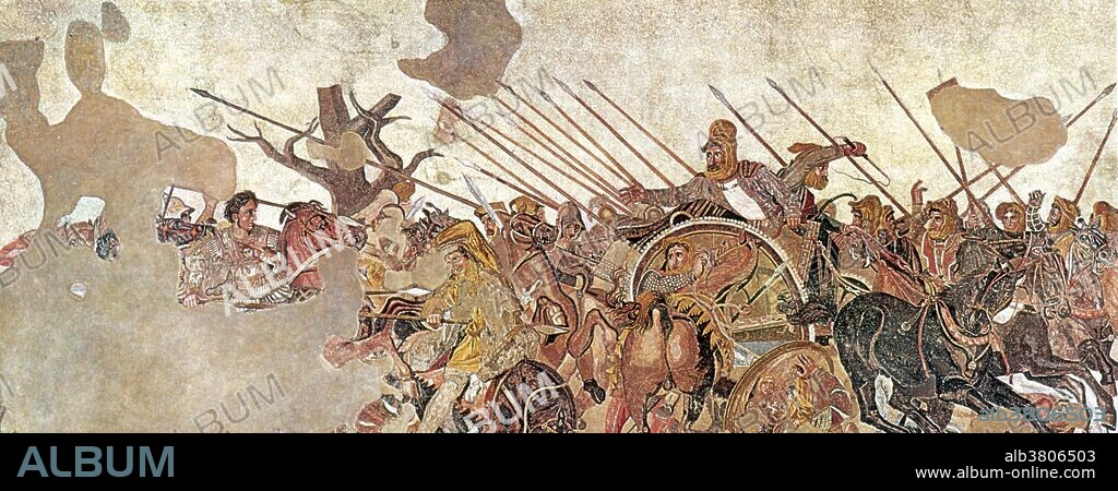 The Alexander Mosaic, dating from circa 100 BC, is a Roman floor mosaic originally from the House of the Faun in Pompeii. It depicts a battle between the armies of Alexander the Great and Darius III of Persia and measures 8 feet 11 inches by 16 feet 10 inches. The original is preserved in the Naples National Archaeological Museum. The mosaic is believed to be a copy of an early 3rd century BC Hellenistic painting. The work is traditionally believed to show the Battle of Issus. The Battle of Issus occurred in southern Anatolia, on November 5, 333 BC between the Hellenic League led by Alexander the Great and the Achaemenid Empire, led by Darius III, in the second great battle of Alexander's conquest of Asia. The invading Macedonian troops defeated Persia. The Battle of Issus was a decisive Hellenic victory and it marked the beginning of the end of Persian power. It was the first time the Persian army had been defeated with the King present.