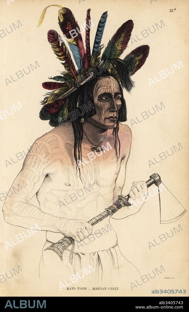 Mato-Tope, Mandan chief, in feather headdress and war paint, holding a tomahawk. After Karl Bodmer's portraits for Prince Alexander Philipp Maximilian of Neuwied. Handcoloured steel engraving by Lizars from Charles Hamilton Smith's Natural History of the Human Species, Edinburgh, W. H. Lizars, 1848.