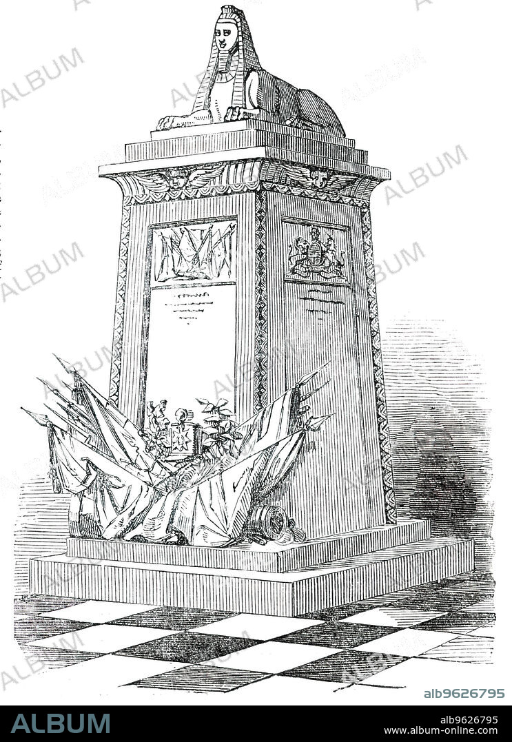 Monument lately erected in Lichfield Cathedral, [Lichfield, Staffordshire], to the 80th Regiment of Foot, 1850. 'The work is from the chisel of Peter Hollins, and consists of a black marble tomb, of Egyptian architecture, surmounted by an Egyptian sphinx, in white marble...an ample military trophy...the arms of the present Field-Marshal, the Marquis of Anglesey, founder of the regiment...'. The inscription lists the names of '...the brave officers and men of the 80th Regiment of Foot, or Staffordshire Volunteers...who fell in the actions of Moodkee, Buddewal, Allewal, Ferozesha, and Sobraon, including those who subsequently died from the effects of their wounds, when serving with the army of the Sutlej in India'. The Battle of Sobraon, during the First Anglo-Sikh War, was fought on 10 February 1846, between the forces of the East India Company and the army of the Sikh Empire of the Punjab. From "Illustrated London News", 1850.