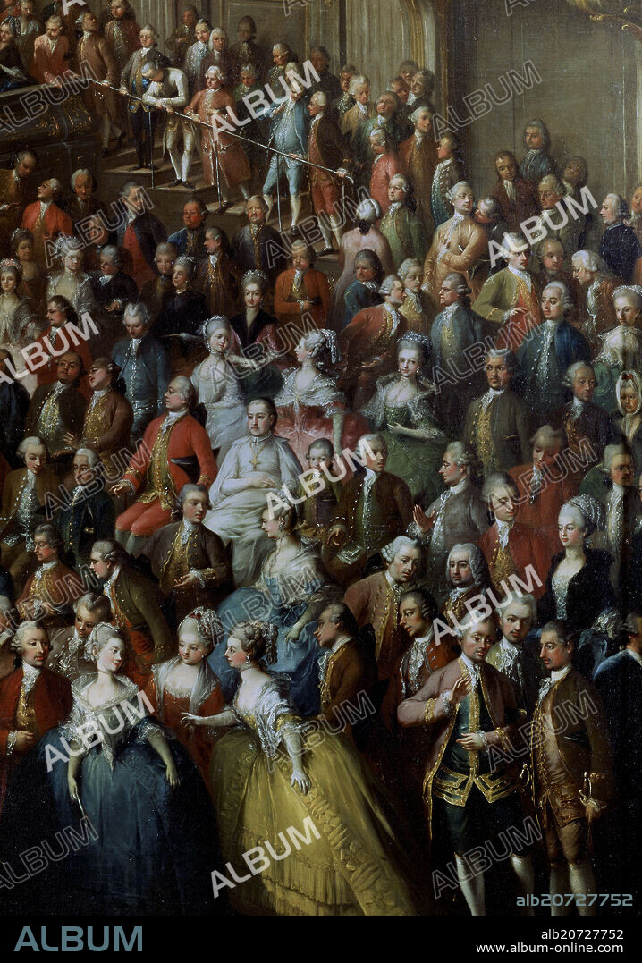 MARTIN VAN MEYTENS. CONCIERTO OFRECIDO POR MARIA TERESA I DE AUSTRIA EN 1760 - DETALLE DE MOZART NIÑO Y MARIA ANTONIETA -  SIGLO XVIII - BARROCO AUSTRIACO.