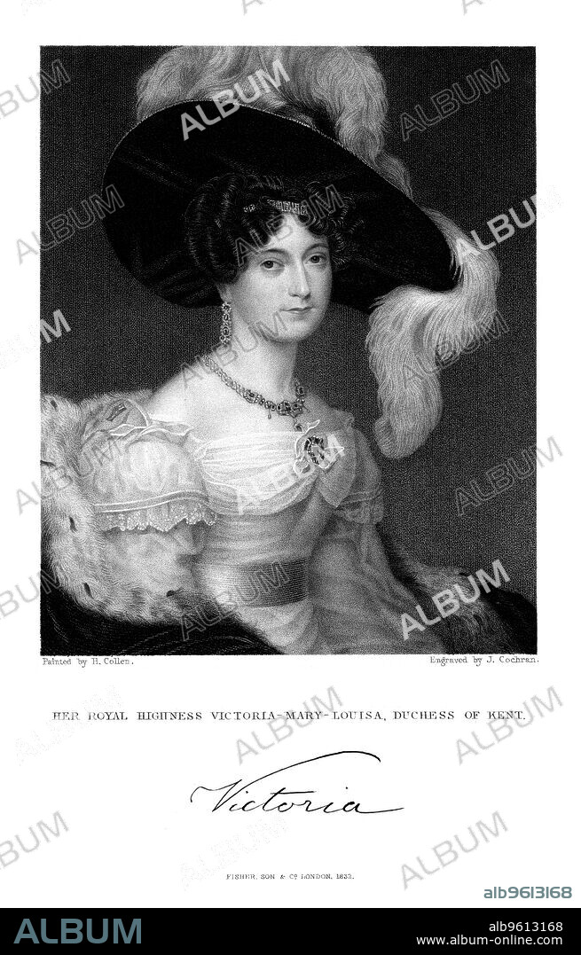 J COCHRAN. Victoria Mary Louisa, Duchess of Kent, 1832. Princess Victoria of Saxe-Coburg (1786-1861) married Edward, Duke of Kent, the fourth son of King George III in 1818. She was the mother of Queen Victoria, who was born in 1819.