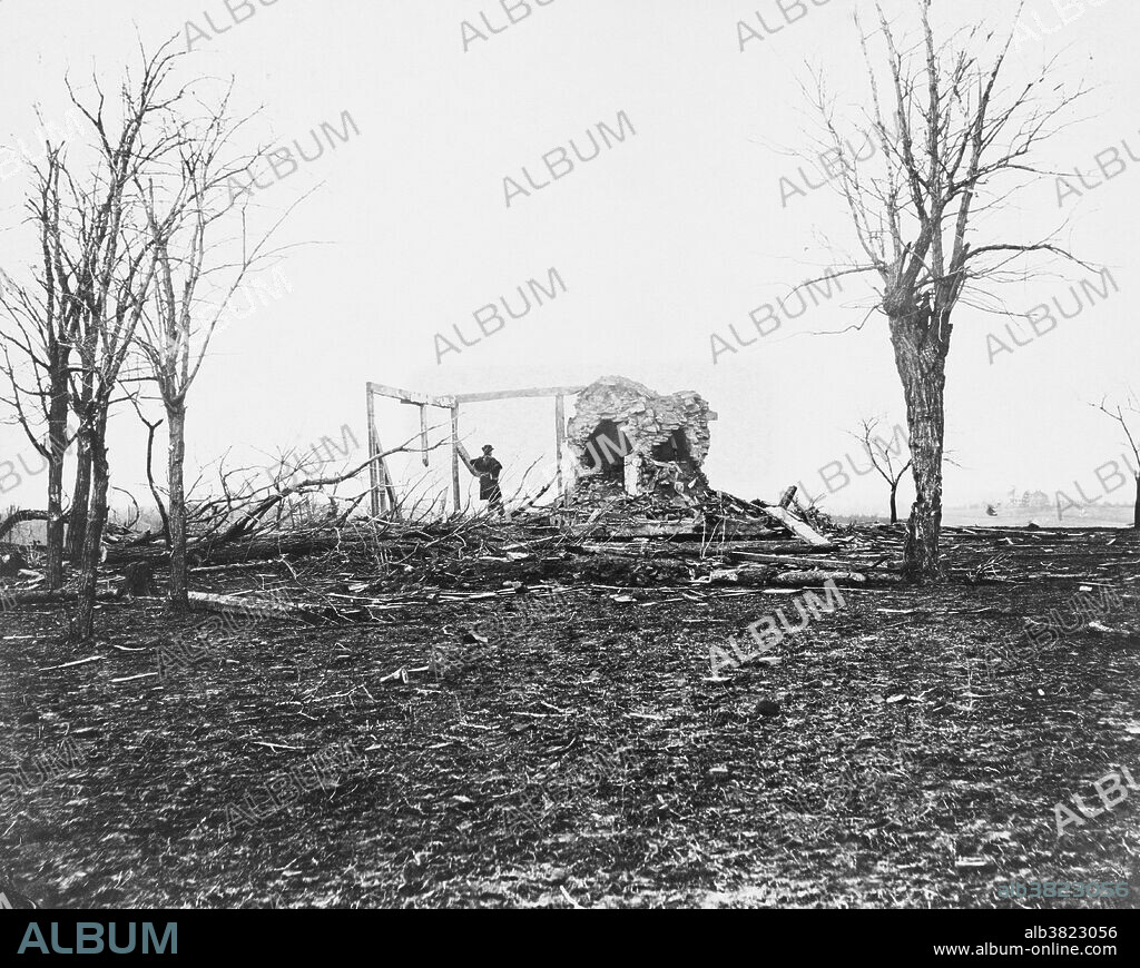 Ruins of Henry House, where Judith Henry was killed, an elderly woman who was the first civilian casualty of the first Battle of Bull Run, July 21, 1861, during the American Civil War. Photograph by Mathew Brady (1823-1896).