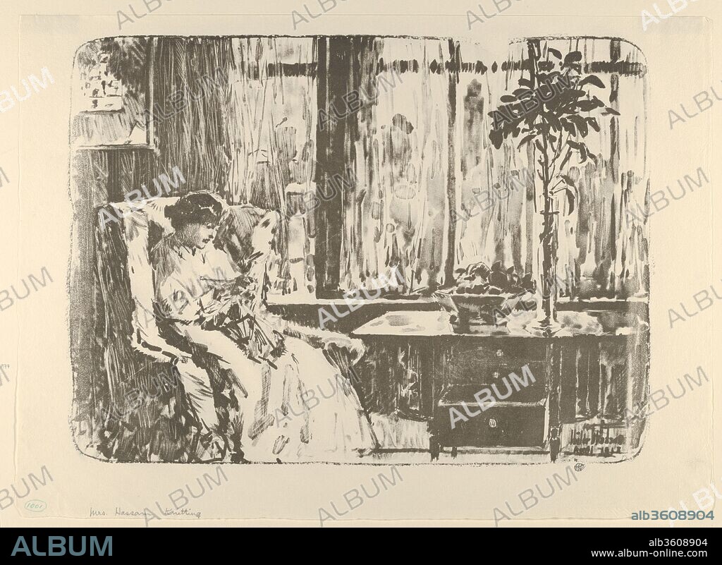 The Broad Curtain (Mrs. Hassam Knitting). Artist: Childe Hassam (American, Dorchester, Massachusetts 1859-1935 East Hampton, New York). Dimensions: Image: 10 7/8 × 14 7/8 in. (27.6 × 37.8 cm)
Sheet: 12 3/4 × 17 7/8 in. (32.4 × 45.4 cm). Date: 1918.